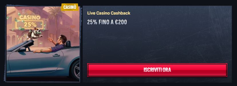 Ottieni cashback al live casino fino a 200 euro